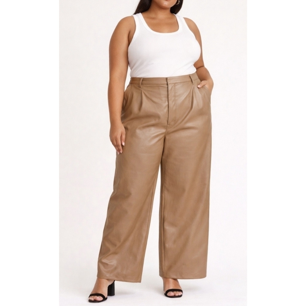 Abercrombie Faux Leather Wide Leg Pants Tan Coated Trousers Womens 22 Short